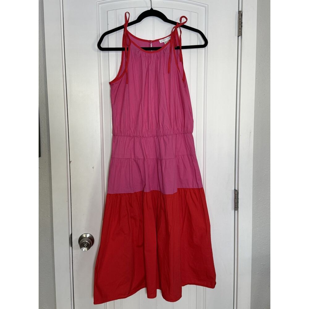 London Times Women's Medium Color Block Faux Shoulder Tie A-Line Midi Dress